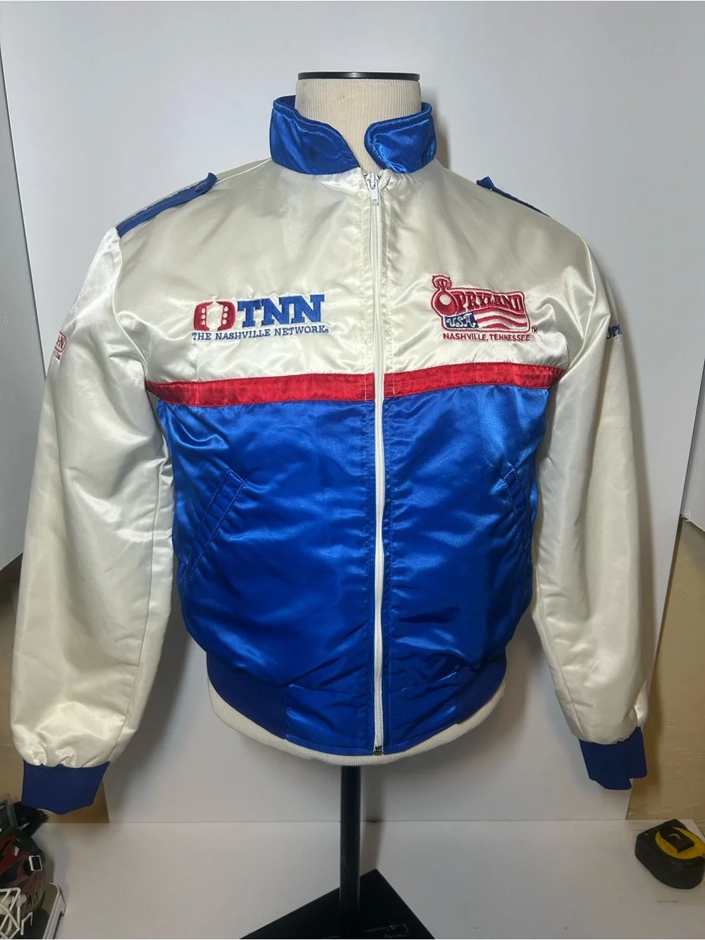 Opryland/Nashville Network Blue and Ivory Satin Racing Jacket 1980